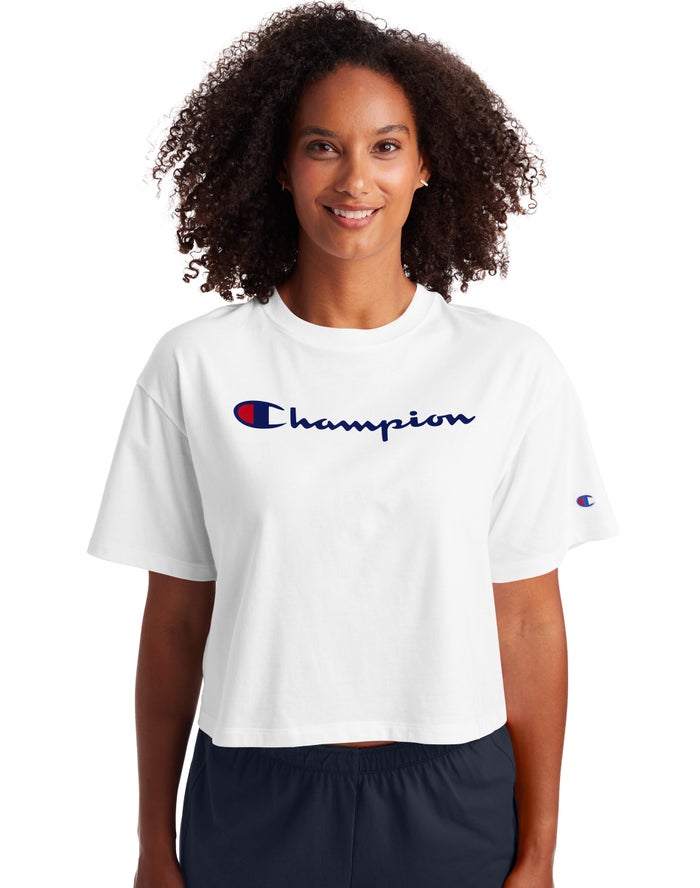 Champion Cropped Script Logo - Naisten Valkoinen T-Paita - Suomi 5246108-RT